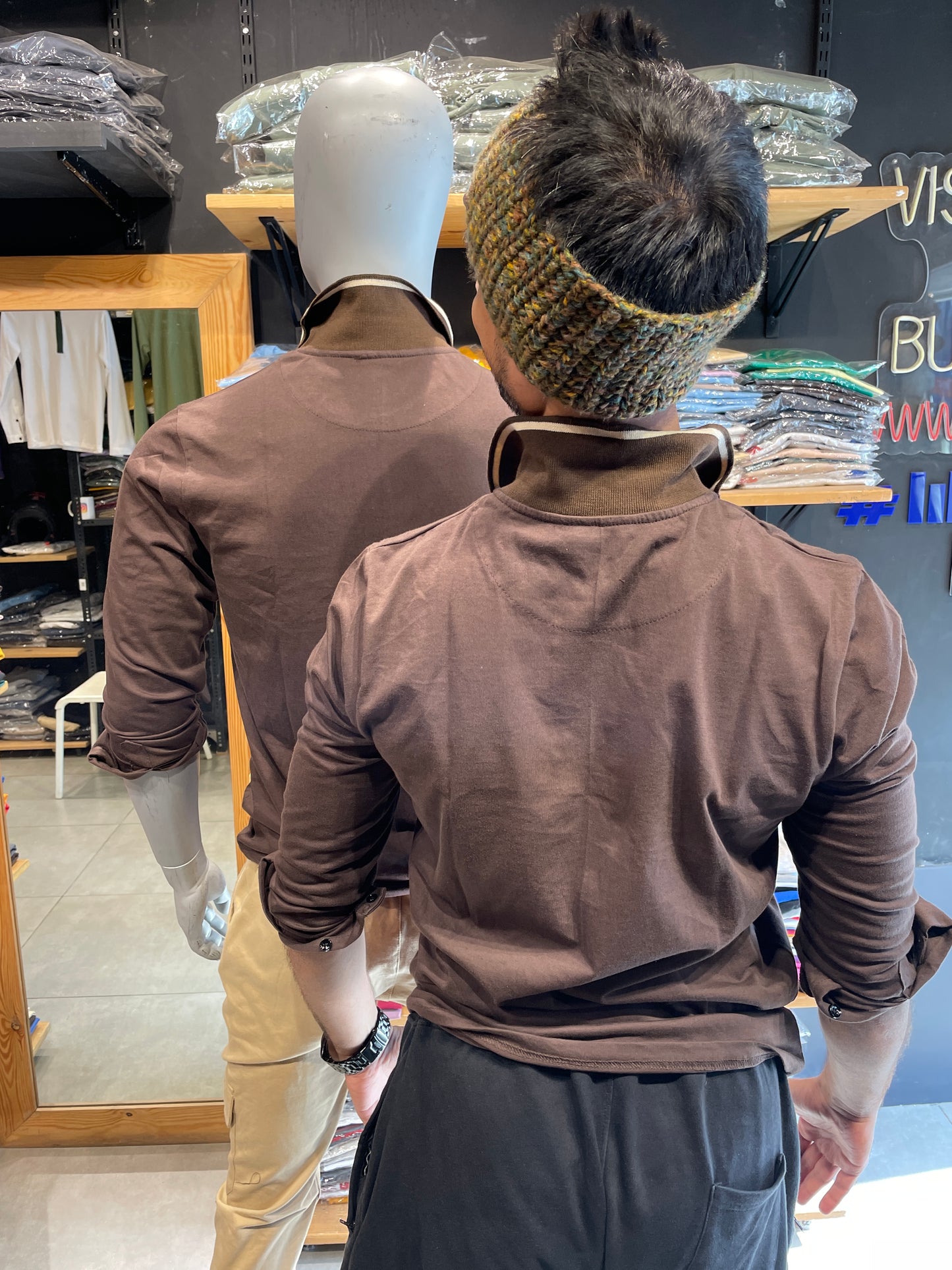 Brown Full Sleeves Collar Tshirt