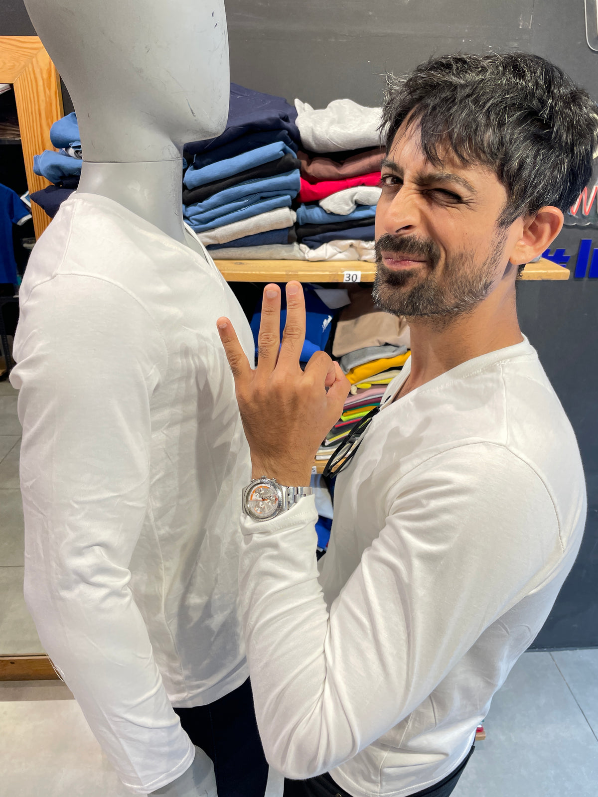 White Basic V Neck Full Sleeves Tshirt