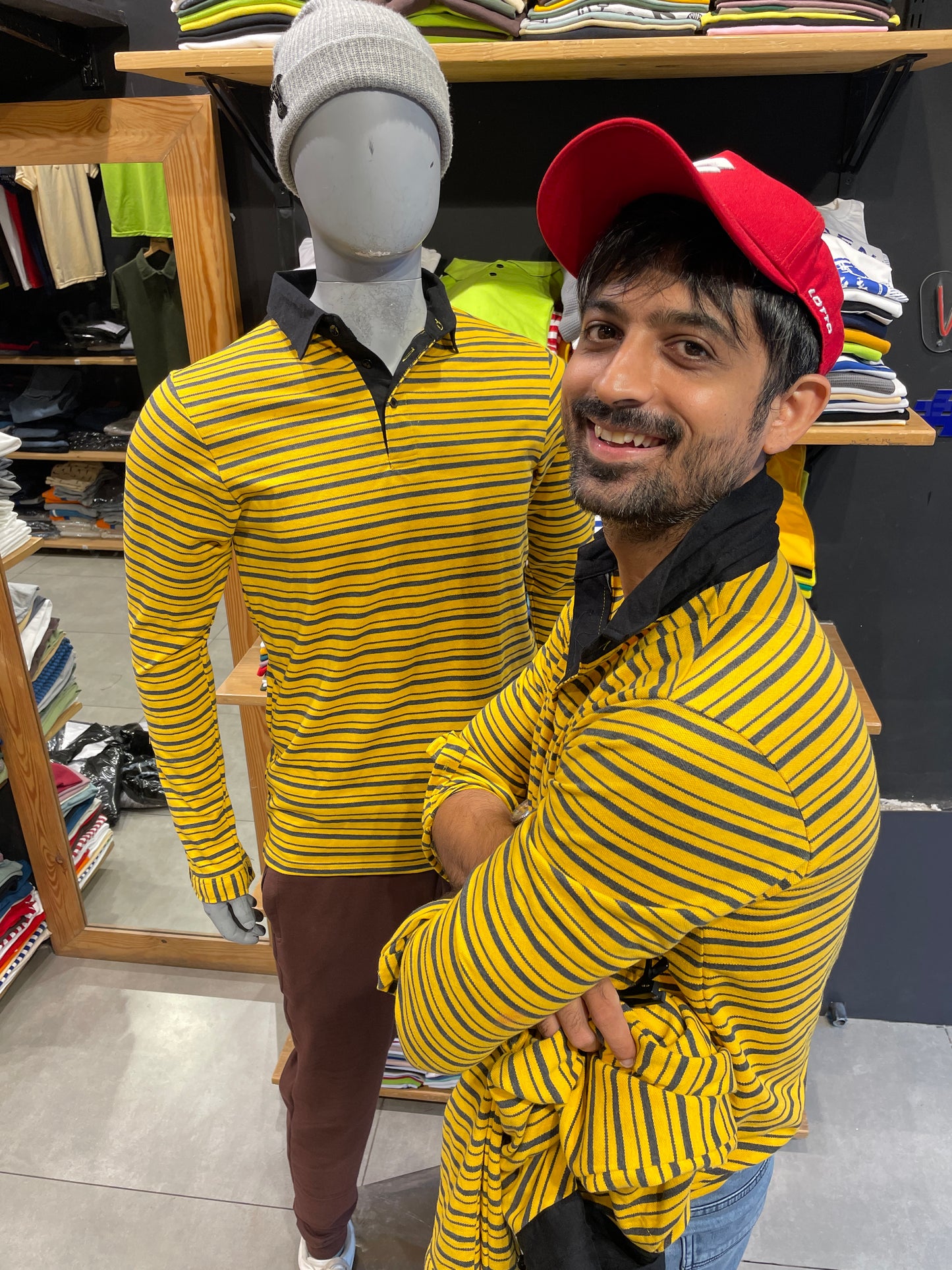 Yellow / Anthra Striped Tshirt with Contrast Collar