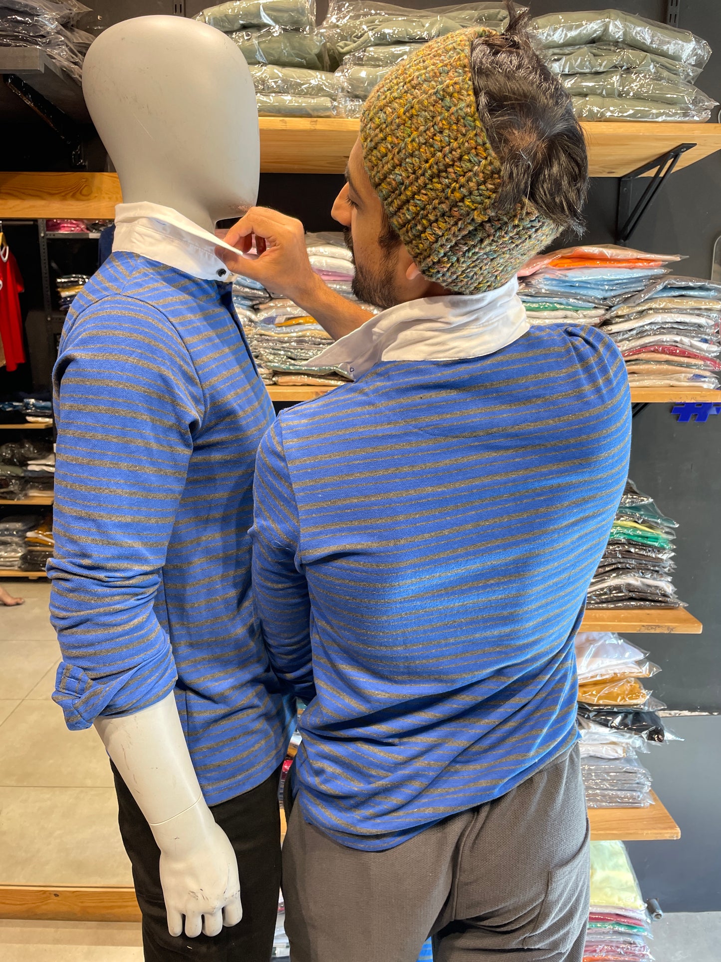 Blue / Anthra Striped Tshirt Contrast Collar