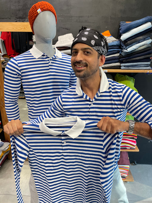 Bue / White Striped Polo Tshirt in Full sleeves