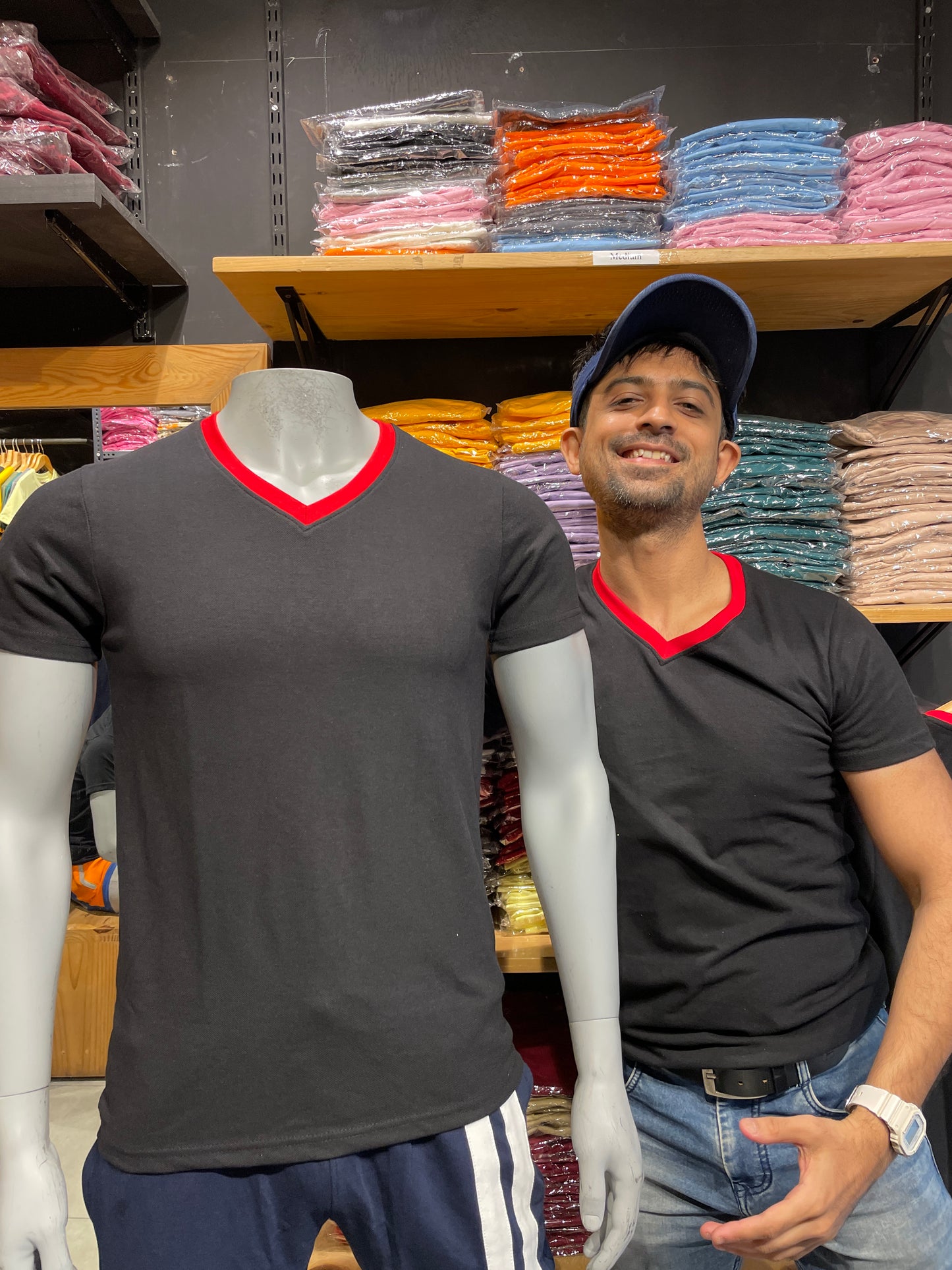Black V Neck Tshirt with Red Rib