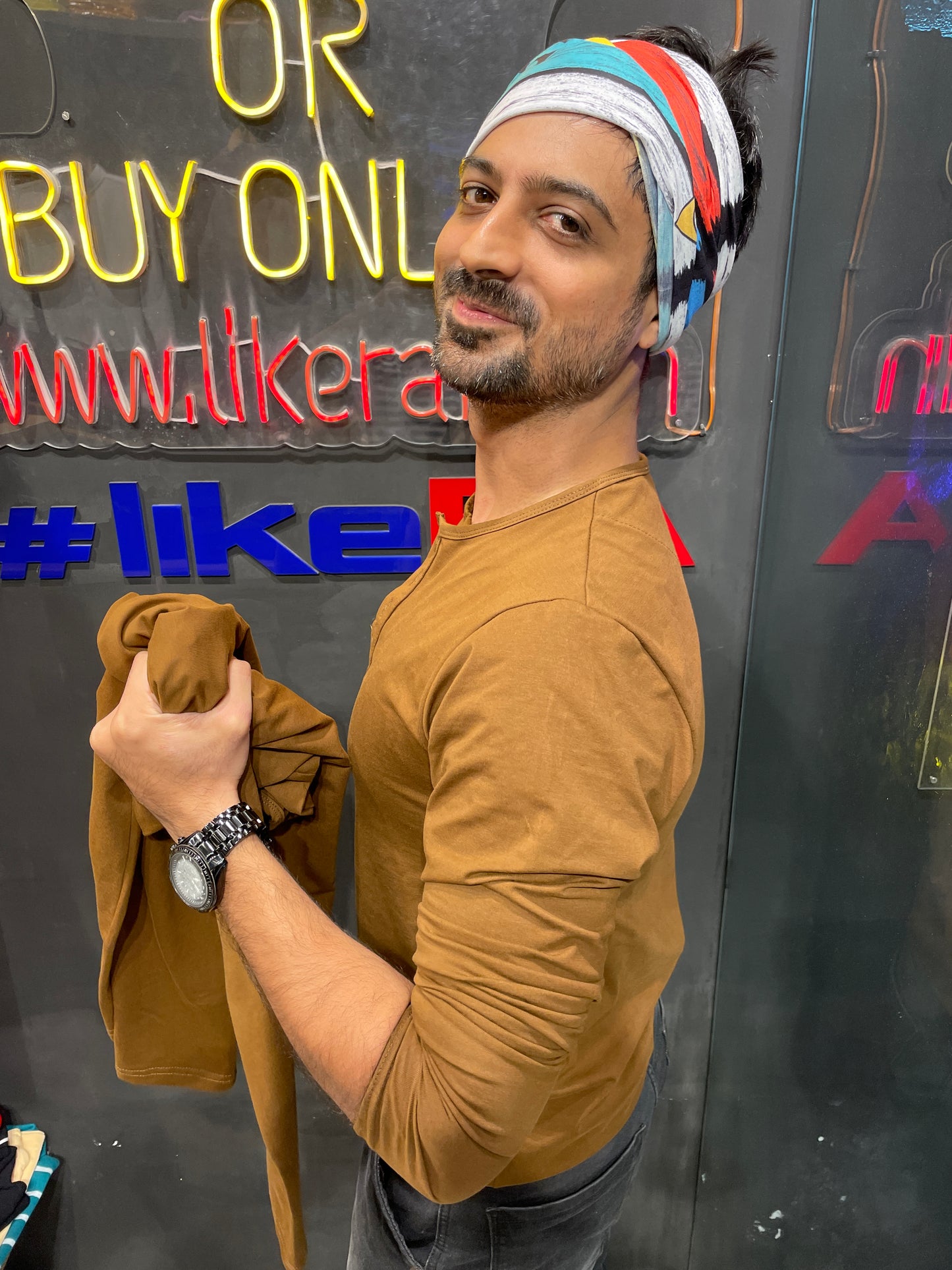 Tan 5 Button Stretchable Henley
