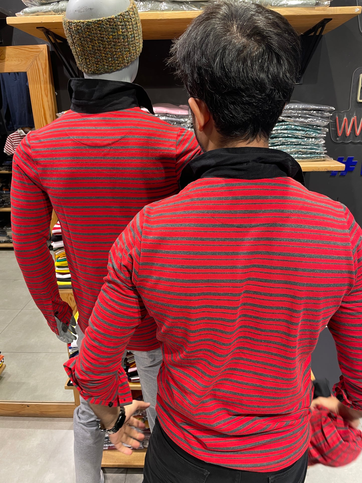 Red / Anthra Striped Tshirt with Contrast Collar