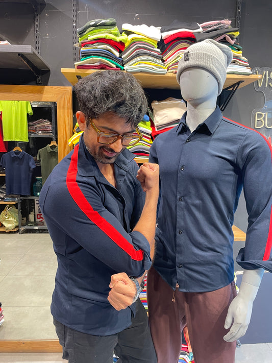 Navy Shirt with Red Side Stripe