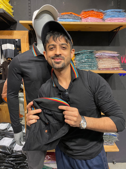 Black Ribbed Collar Tshirt with Multicolour Tipping