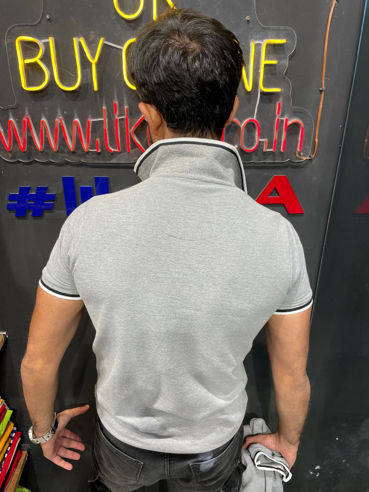 Grey Melange Printed Polo Tshirt