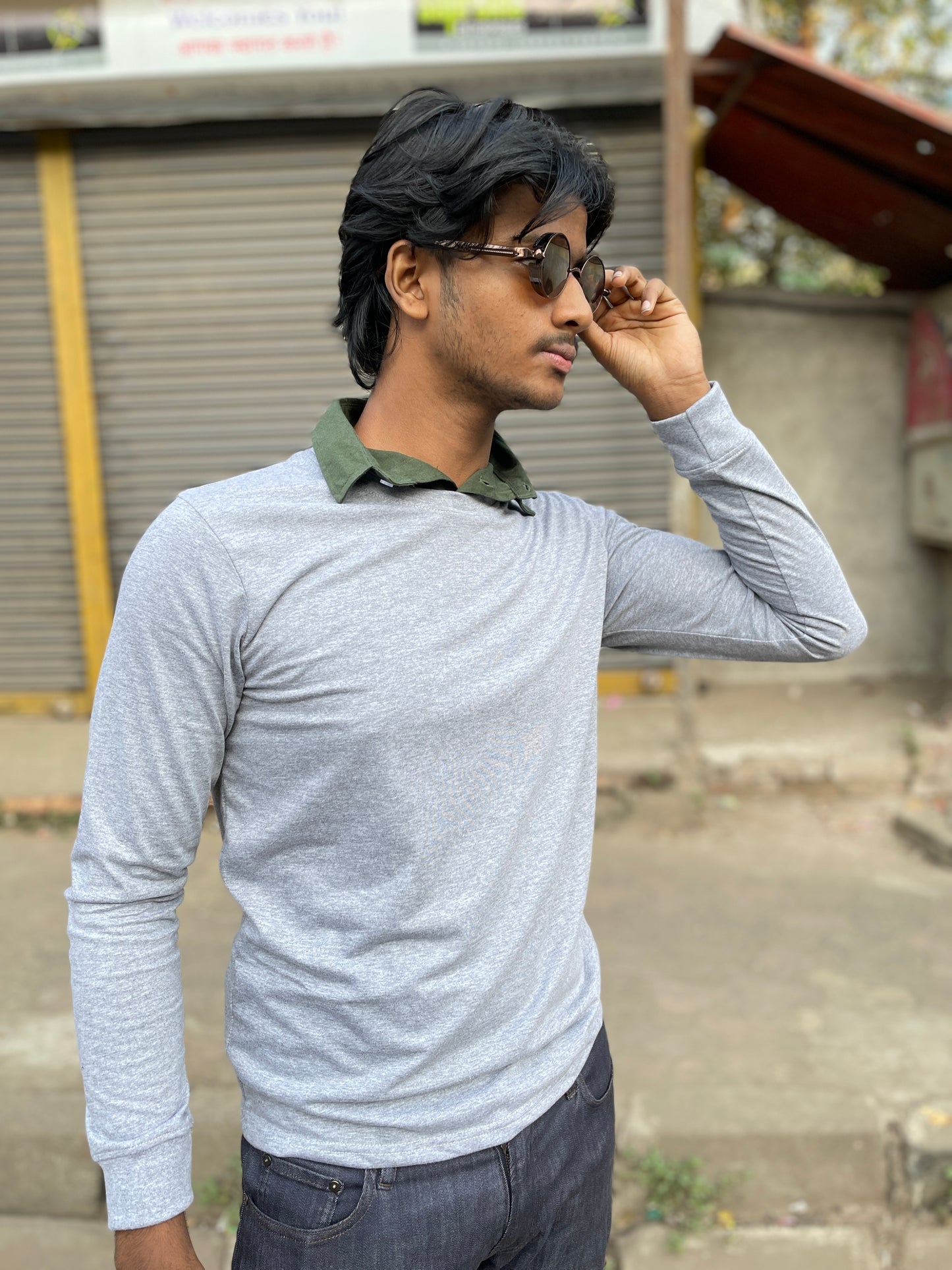 Grey Melange Pull Over Type Collar Tee