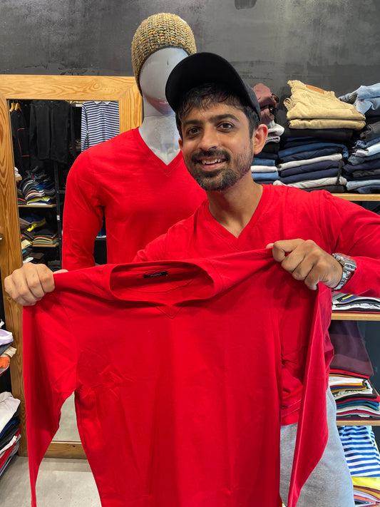 Red Basic V Neck Full Sleeves Tshirt