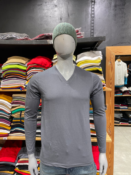 Steel Grey V Neck Full Sleeves Tshirt