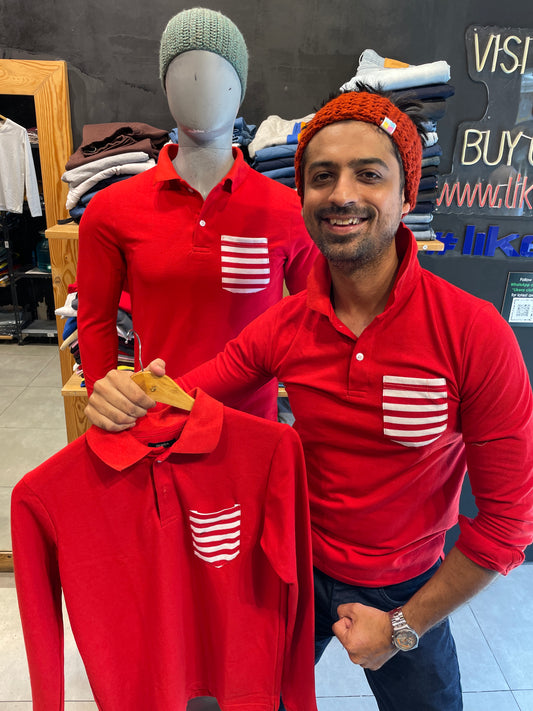 Red Polo Tshirt with Striped Pocket