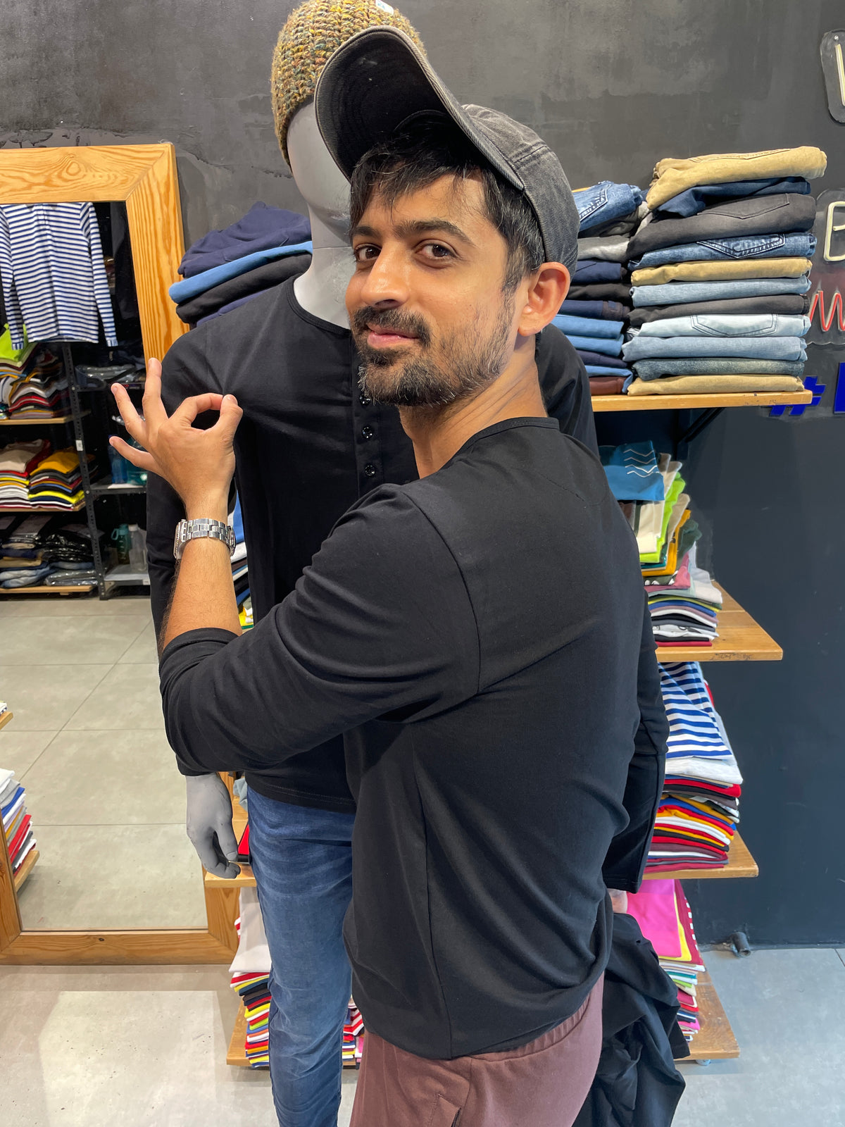 Black 5 Button Stretchable Henley