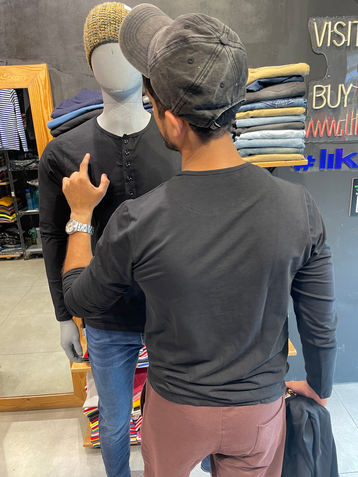 Black 5 Button Stretchable Henley