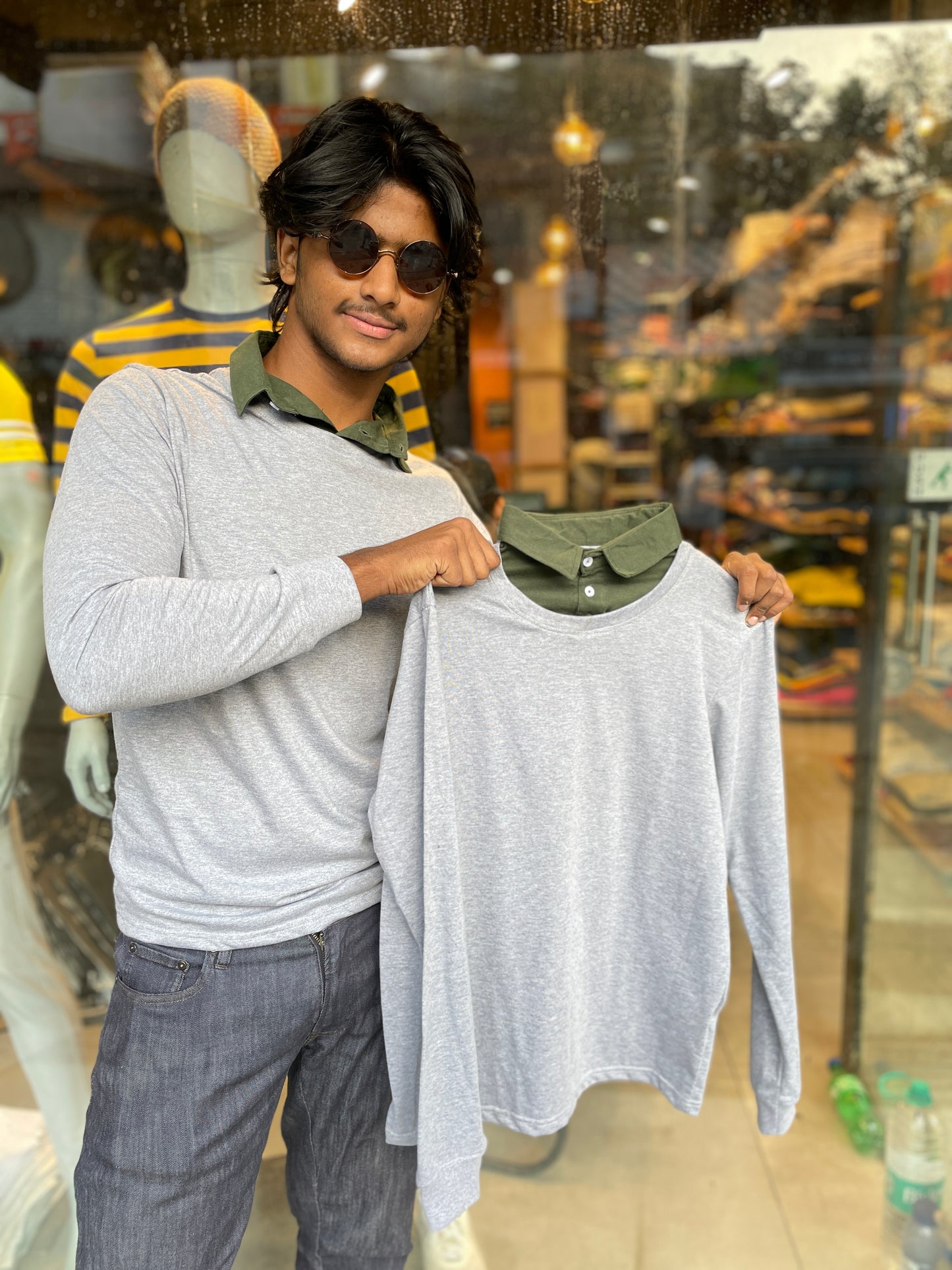 Grey Melange Pull Over Type Collar Tee