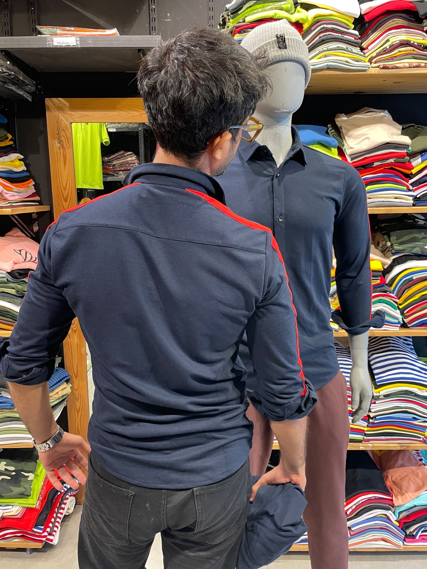 Navy Shirt with Red Side Stripe