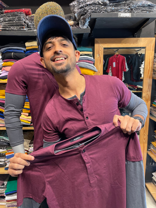 Burgundy / Steel Grey Double Placket Doc Sleeves Henley