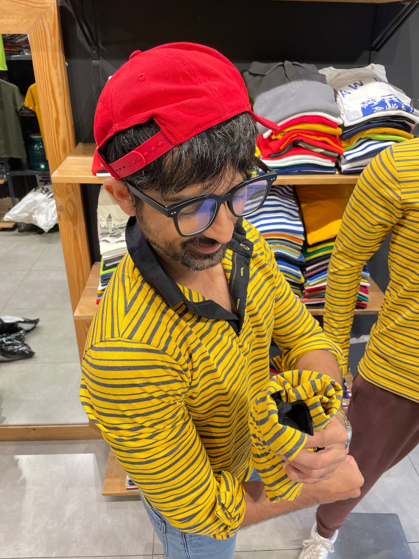 Yellow / Anthra Striped Tshirt with Contrast Collar