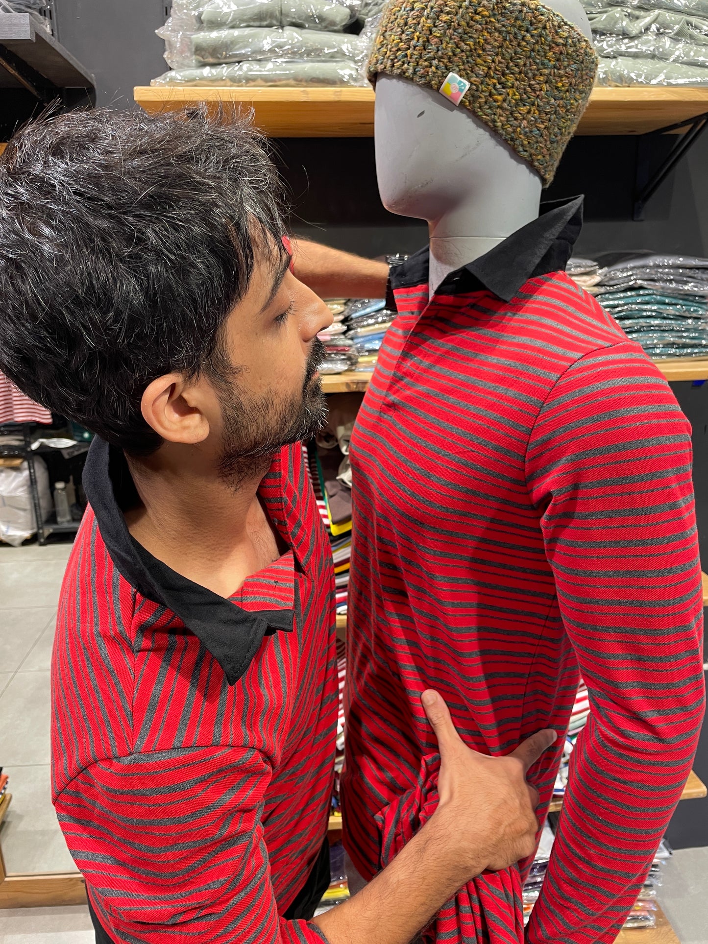 Red / Anthra Striped Tshirt with Contrast Collar