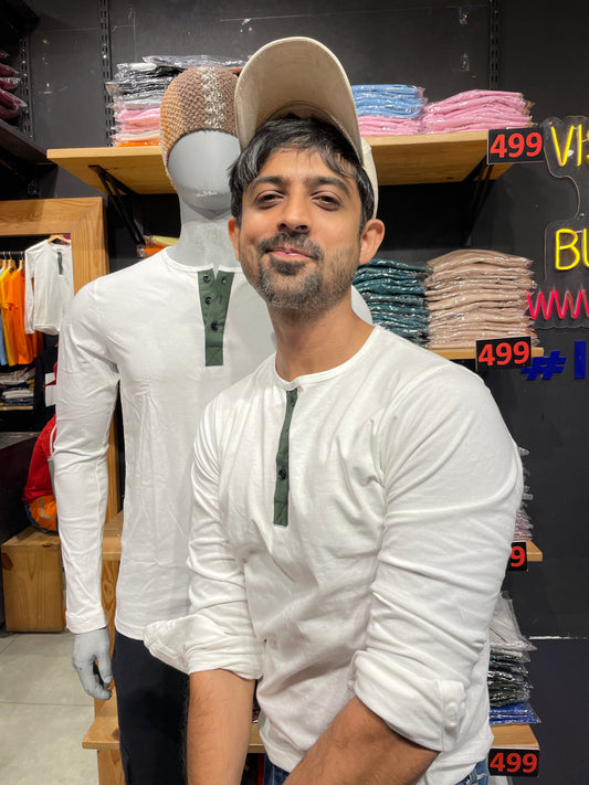 White Henley with Olive Placket