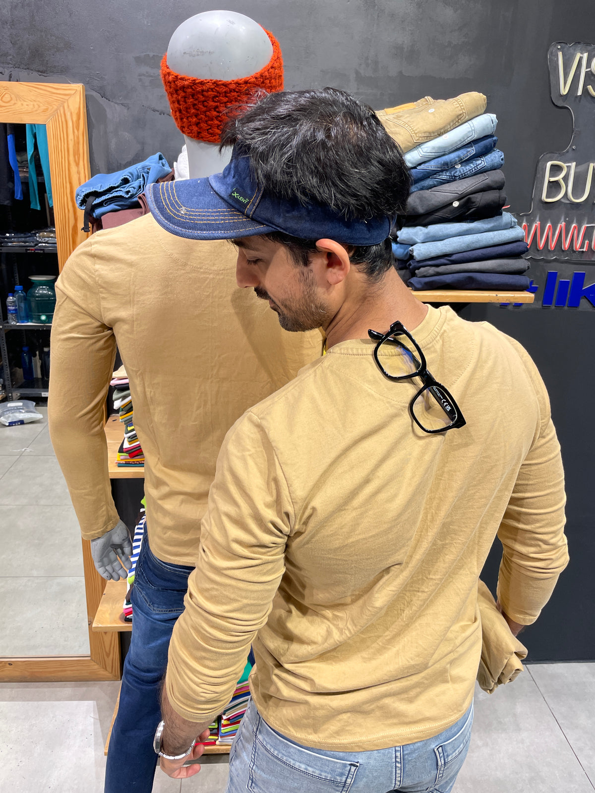 Khaki Basic V Neck Full Sleeves Tshirt