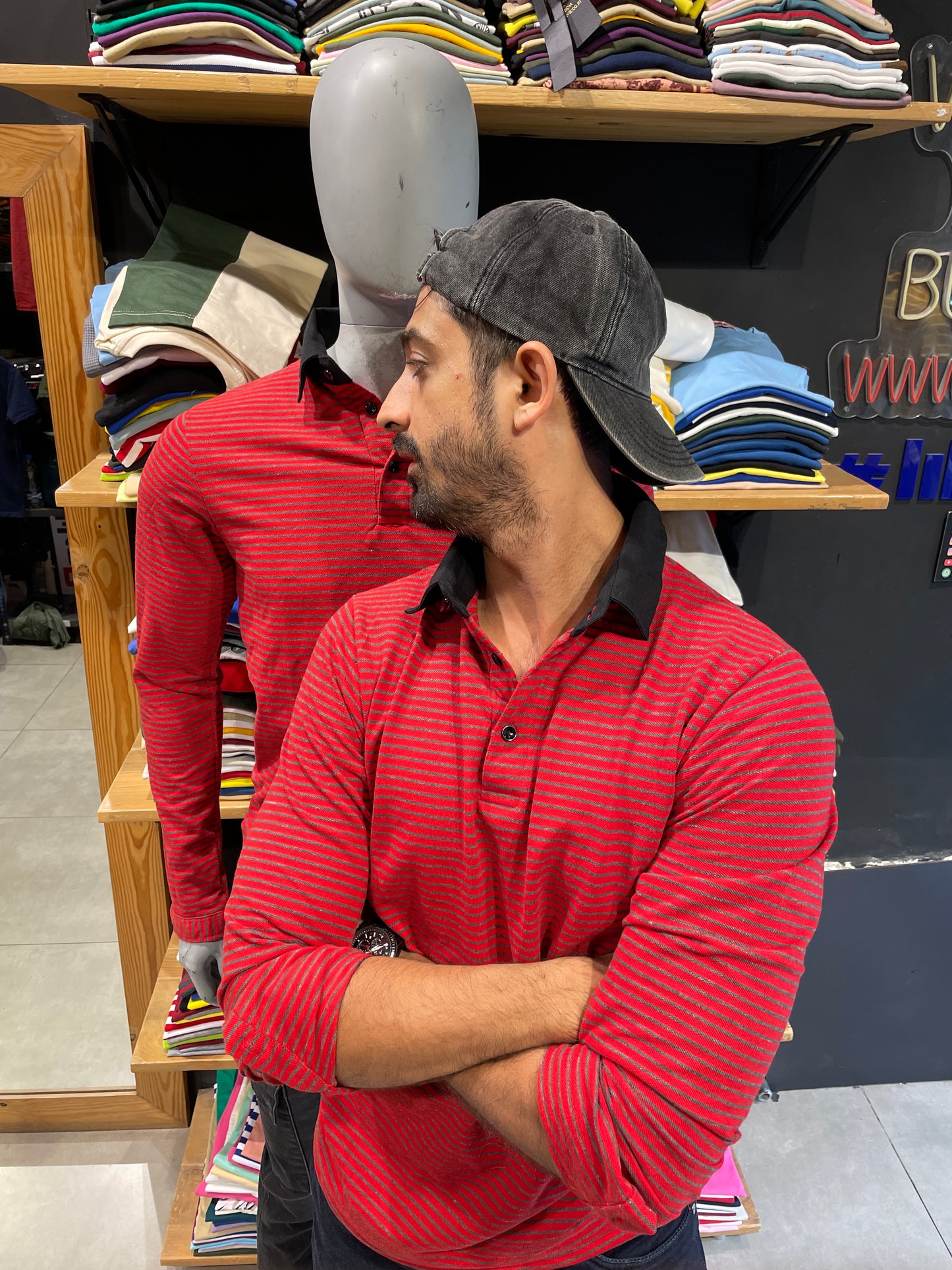 Red / Anthra Striped Tshirt with Contrast Collar