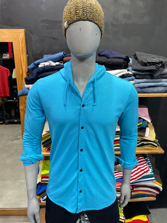 Blue Hooded Shirt with Drawstrings