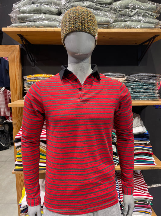 Red / Anthra Striped Tshirt with Contrast Collar