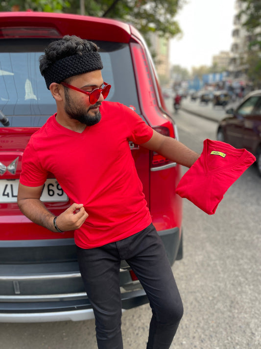 Red V Neck Basic Tshirt