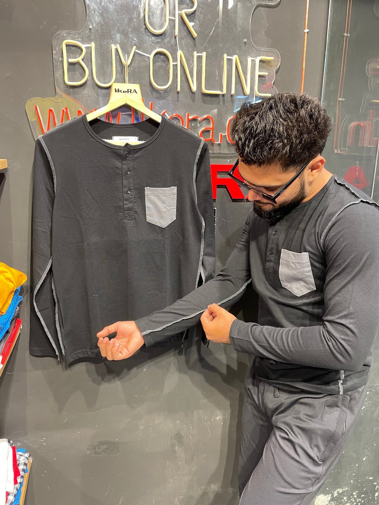 Black Henley With Outside Stitching And Pocket  Henley