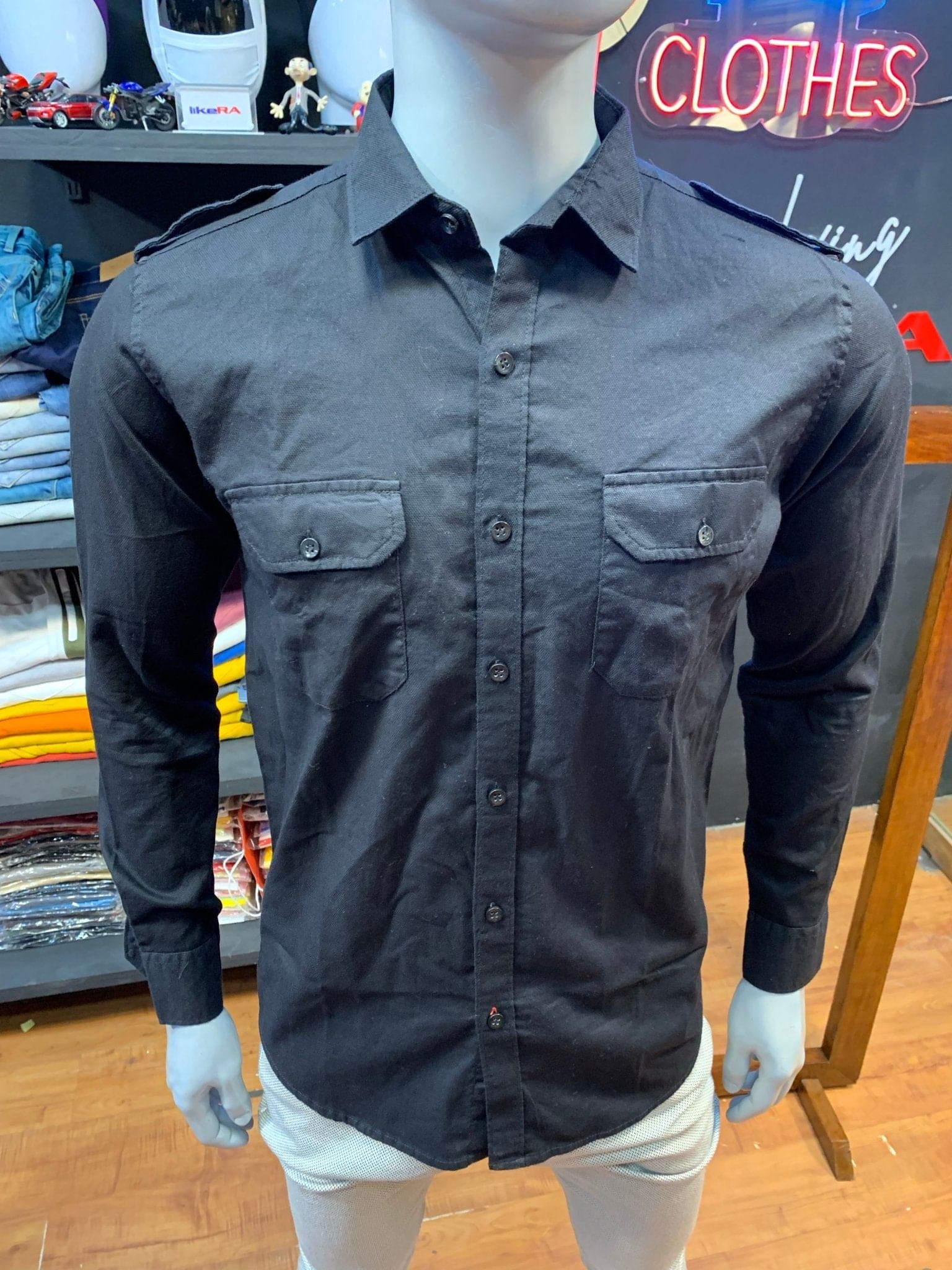 Black Normal Collar Double Pocket Double Flap Shirt - likera Clothing Co