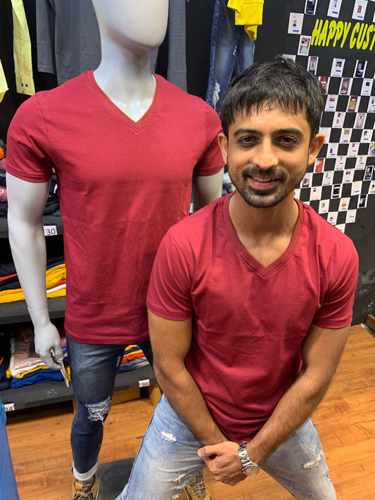 Maroon V neck Basic Tshirt (Use discount code BASIC999 for three colours or above)