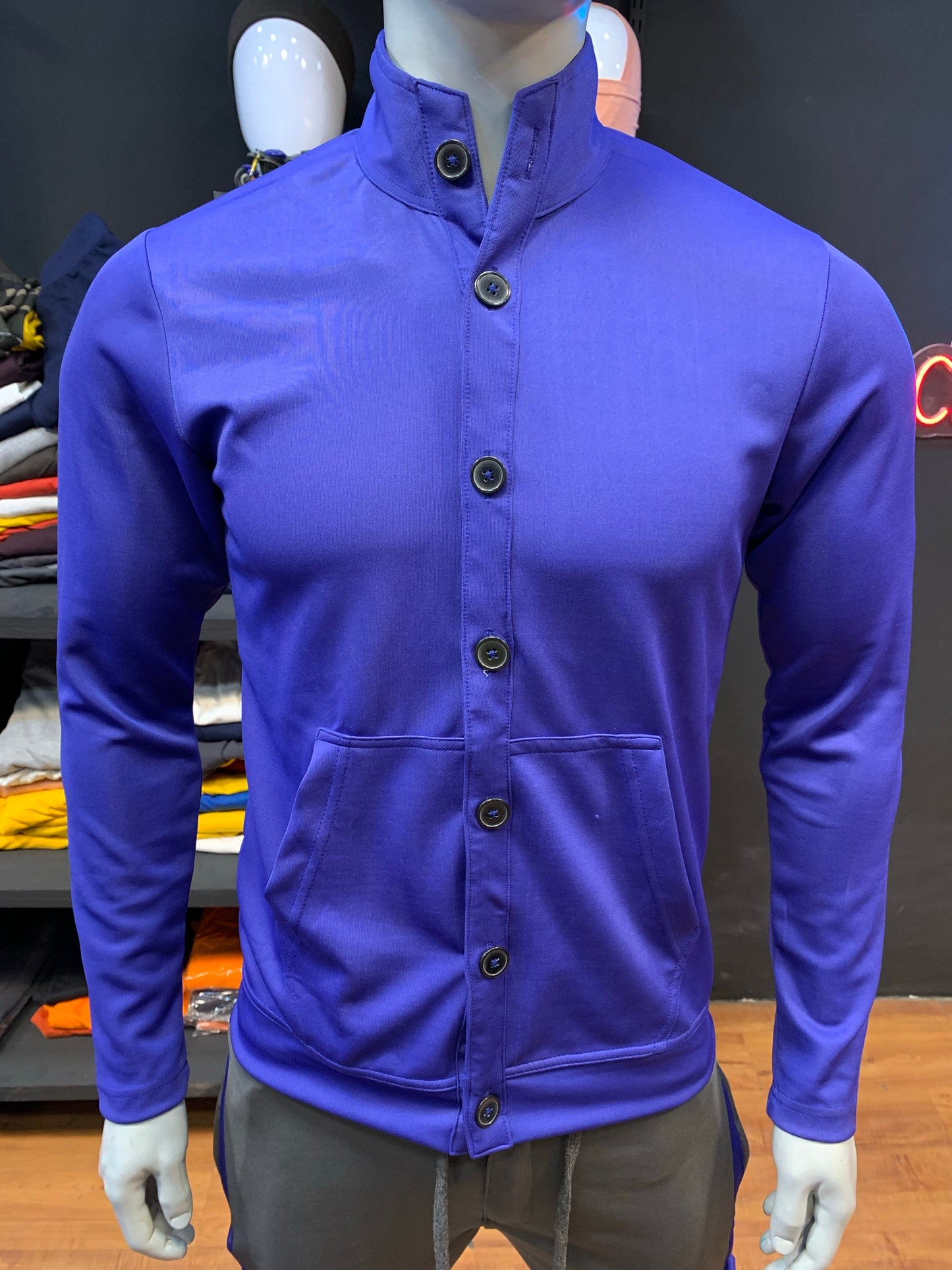 Royal Blue Polyester Fabric High Neck Short Jacket