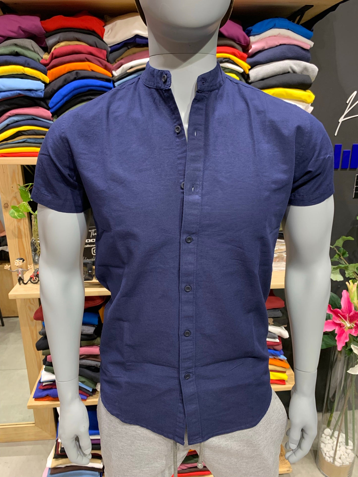 Navy Blue Chinese Collar Shirt