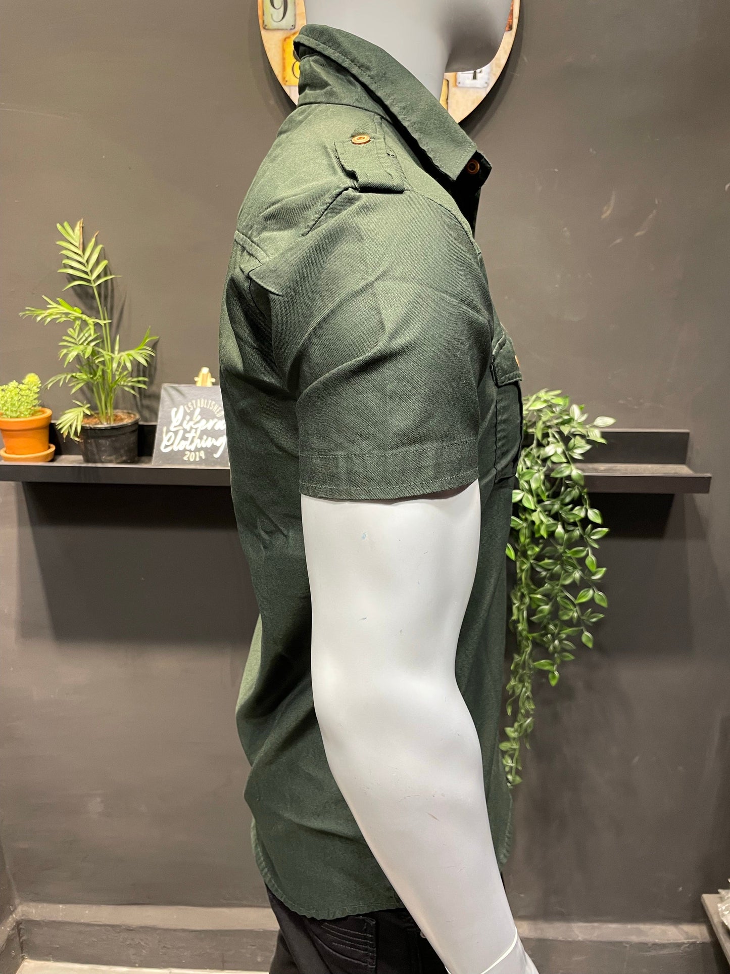 Olive Lycra Double Pocket & Shoulder Flaps Shirt