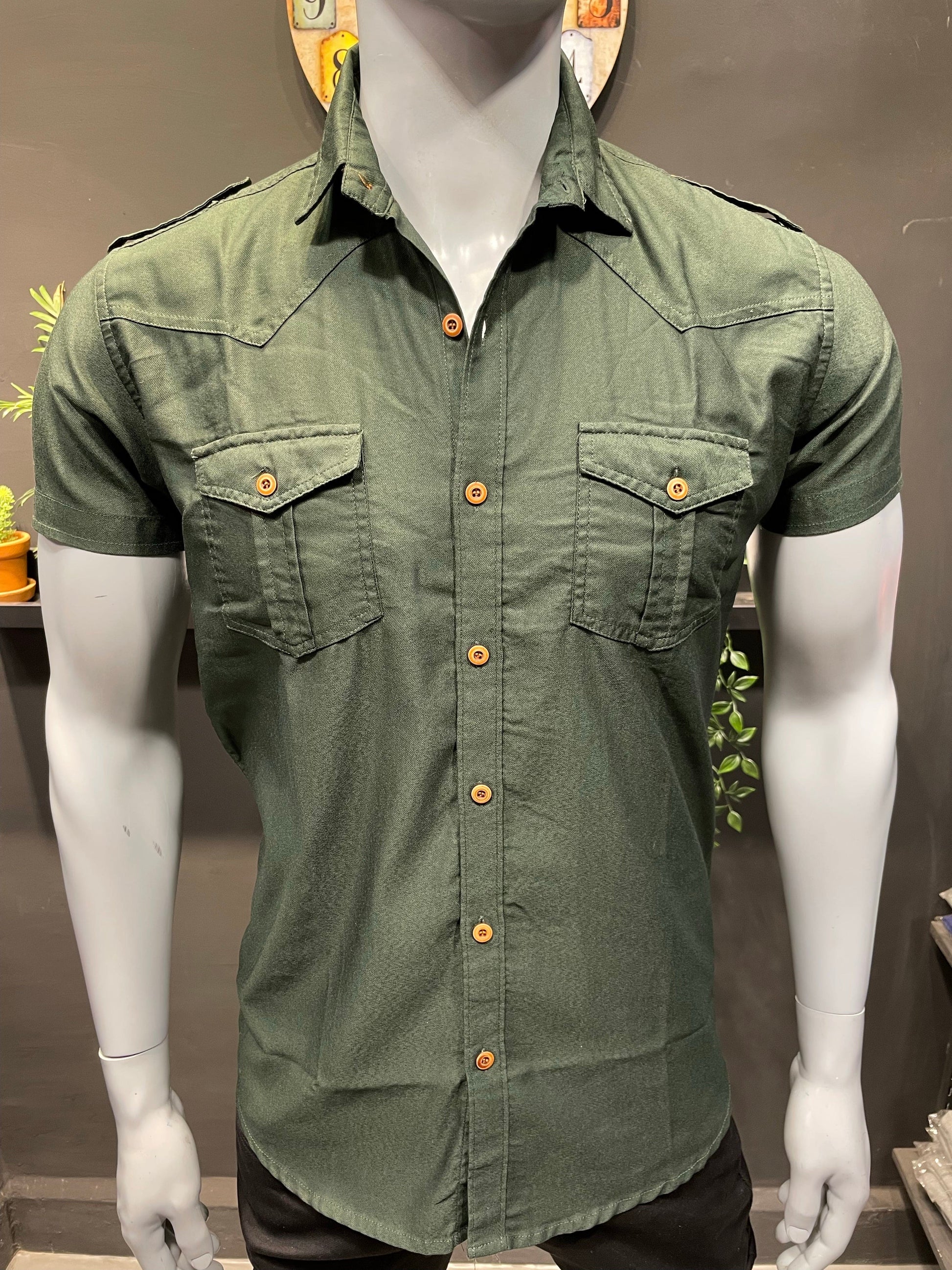 Olive Lycra Double Pocket Shoulder Flaps Shirt – Likera