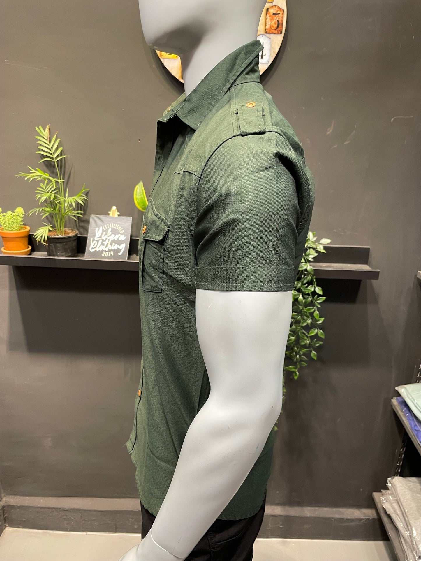 Olive Lycra Double Pocket & Shoulder Flaps Shirt