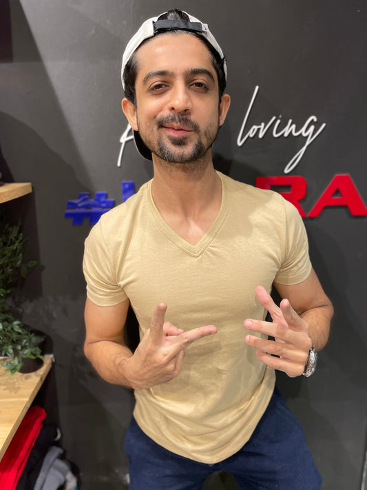Beige V neck Basic Tshirt (Use discount code BASIC999 for three colours or above)