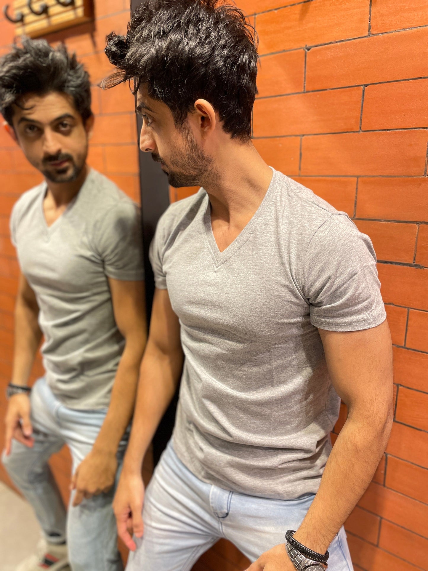Grey Melange V neck Basic Tshirt (Use discount code BASIC999 for three colours or above)