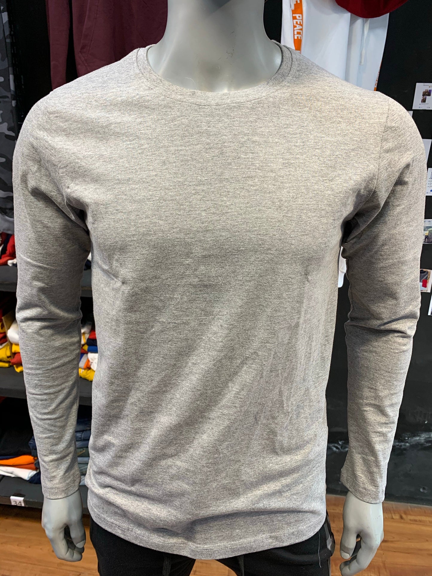 Grey Melange Basic Cotton Full Sleeves Tshirt