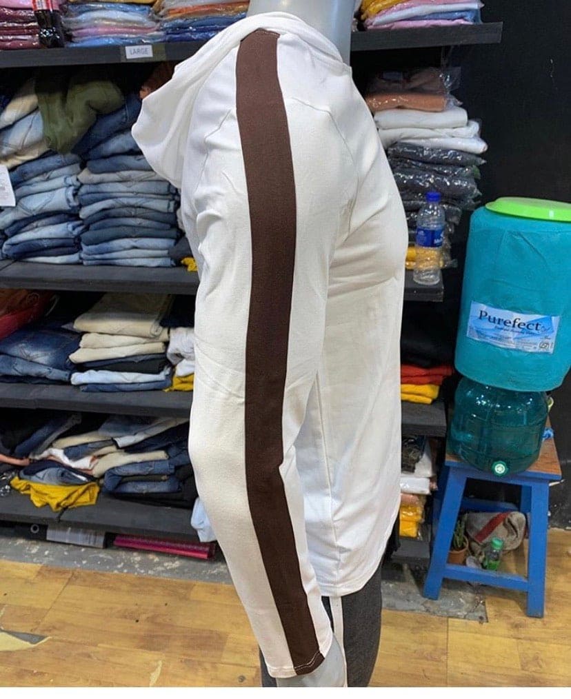 White Hooded Lycra Tee with Brown Side Stripe